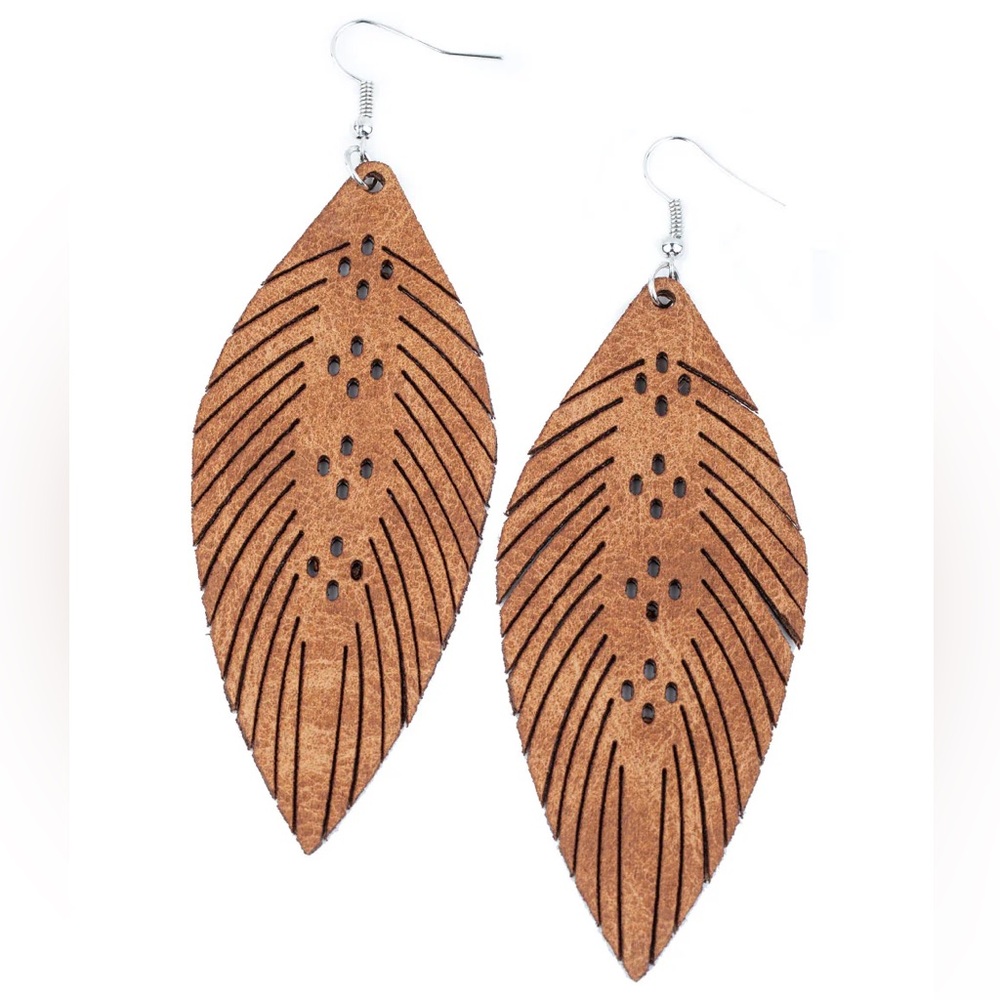 Brown Leaf Design Leather Earrings